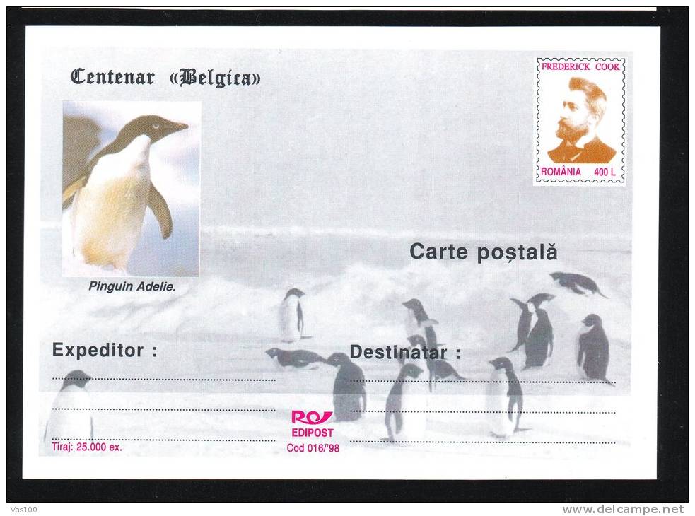 PENGUINS, CENTENARY "BELGICA", 1998, CARD STATIONERY, ENTIER POSTAL, UNUSED, ROMANIA - Penguins