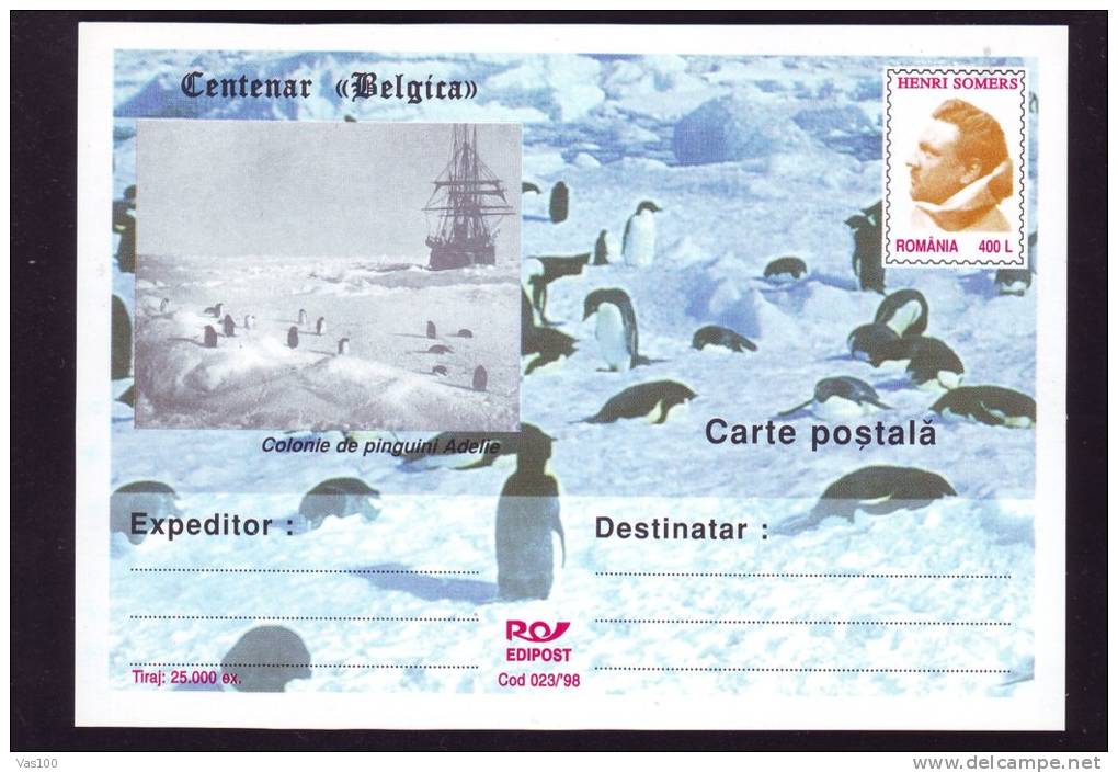 PENGUINS, CENTENARY "BELGICA", 1998, CARD STATIONERY, ENTIER POSTAL, UNUSED, ROMANIA - Pingouins & Manchots