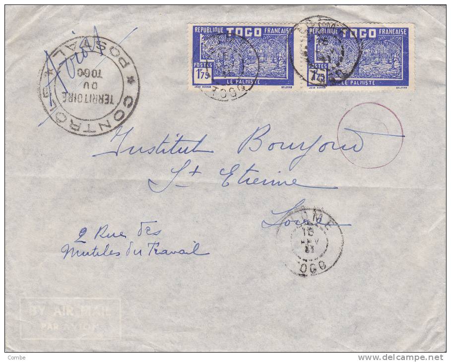 Belle Lettre Togo 1941, Avec Une Paire Du 160, Contrôle Postal, Lomé Pour St Etienne/910 - Covers & Documents