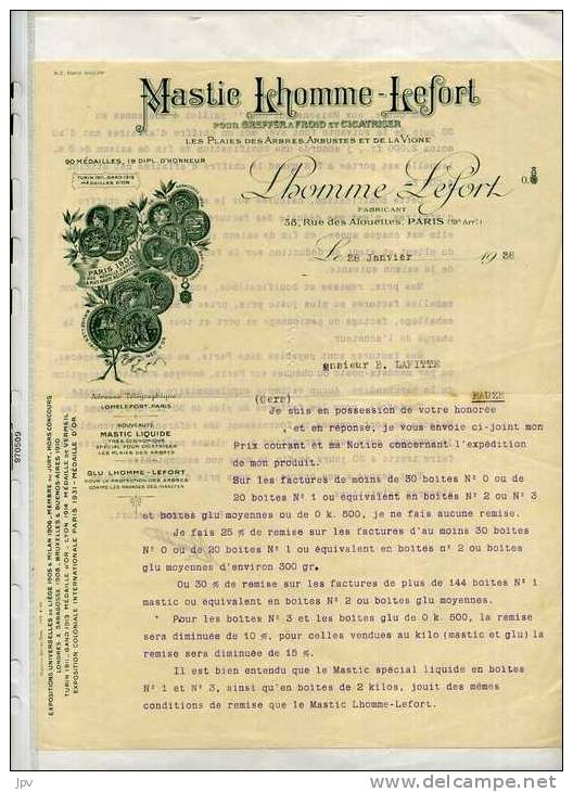 FACTURE LETTRE : PARIS . MASTIC LHOMME-LEFORT . LES PLAIES DES ARBRES ARBUSTES ET DE LA VIGNE . 1938 - Landwirtschaft