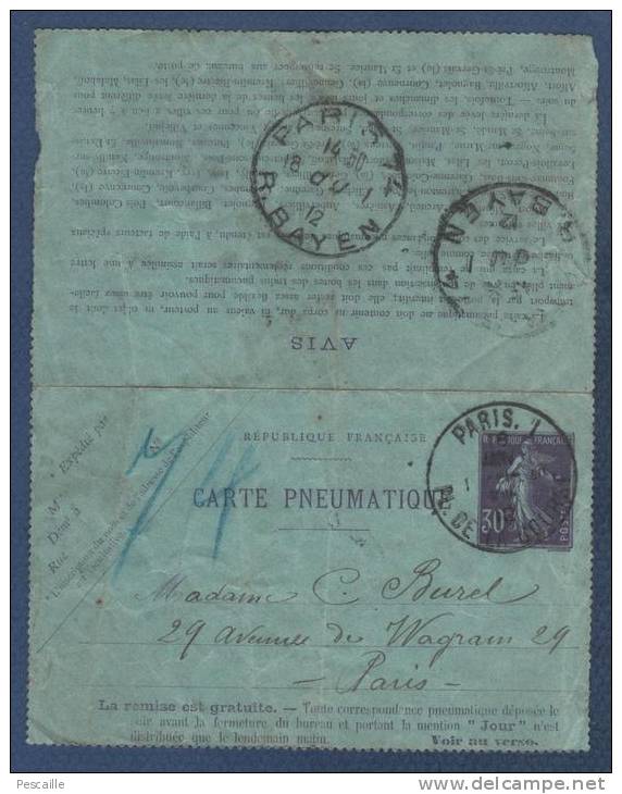 CLPP5 ? ENTIER POSTAL CARTE PNEUMATIQUE PARIS 1912 - 30c SEMEUSE VIOLET 17 LIGNES AU VERSO 42 LOCALITES DESSERVIES - Neumáticos