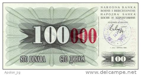 BOSNIA:  100 000 Dinara On 100 Dinara, 1993 UNC *P-56d * 16mm High Red Zeroes - 24.12.1993 - Bosnia And Herzegovina