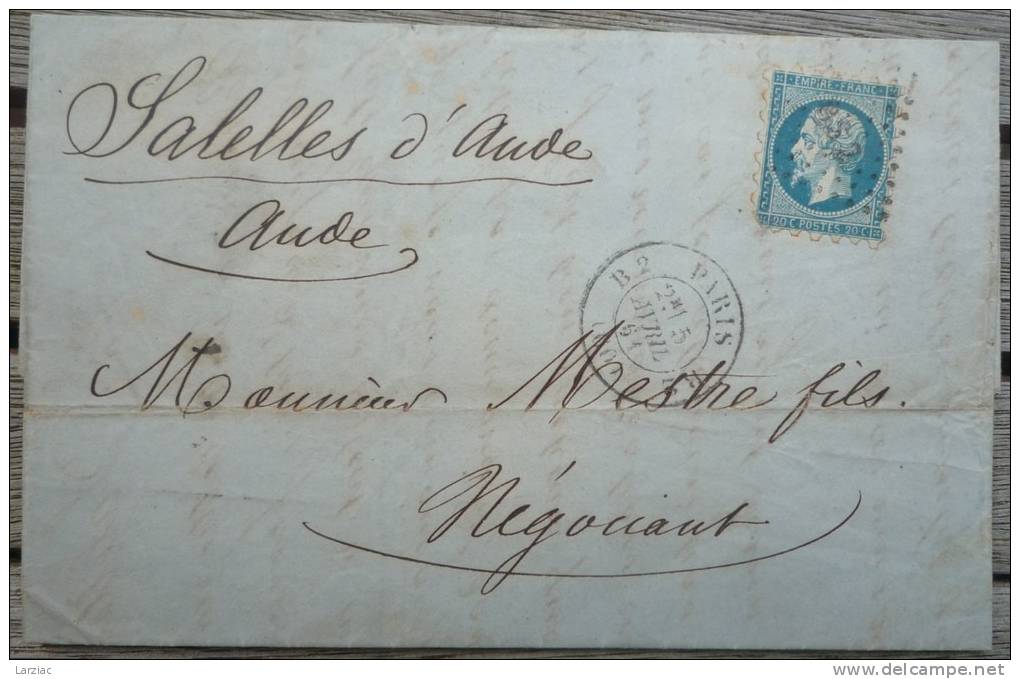 Lettre Pour Salelles D´Aude Affranchie 20c Empire ND  Piquage Susse Oblitération Paris BS2 - 1849-1876: Période Classique
