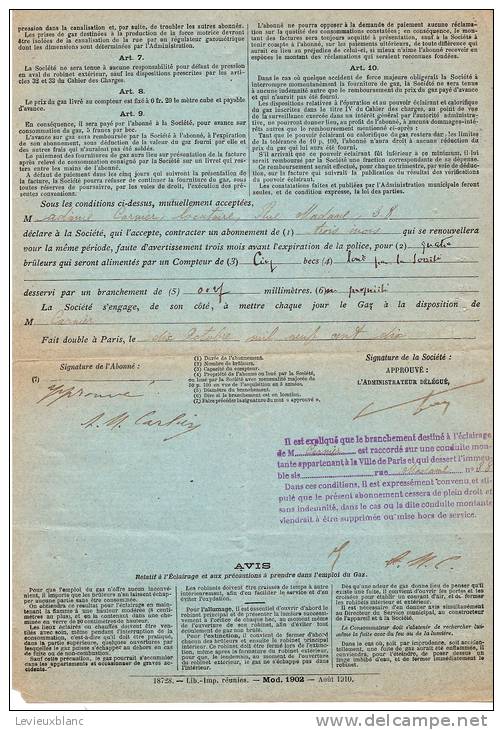 Energie/ Gaz/Société Du Gaz De Paris/Contrat D´abonnement De Trois Mois/1910             VP313 - Non Classés