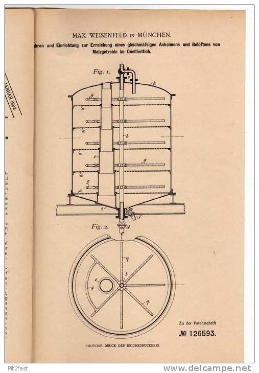 Original Patentschrift -  Einrichtung Zum Ankeimen V. Malzgetreide , Brauerei , Weisenfeld , München 1900 !!! - Autres & Non Classés