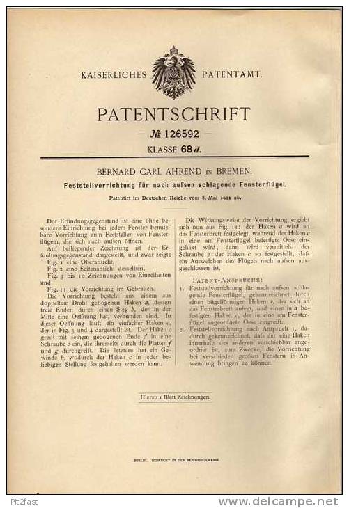 Original Patentschrift -  Fensterflügel , Carl Ahrend , Bremen  1901 !!! - Architectuur
