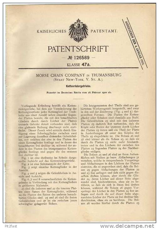 Original Patentschrift -  Kettenrädergetriebe , Chain Company In Trumansburg , New York , USA 1900 !!! - Motos