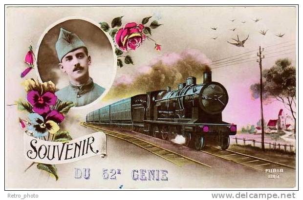 Cpa Fantaisie Patriotique, Soldat / Poilu : "Souvenir Du 52e Génie" ( Train, Locomotive ) - Patriotic