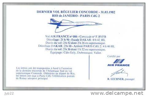 Carte Dernier Vol Régulier Concorde 31-03-1982 Rio De Janeiro Dakar Paris Charles De Gaulle - Passager B. Lechner - Other & Unclassified