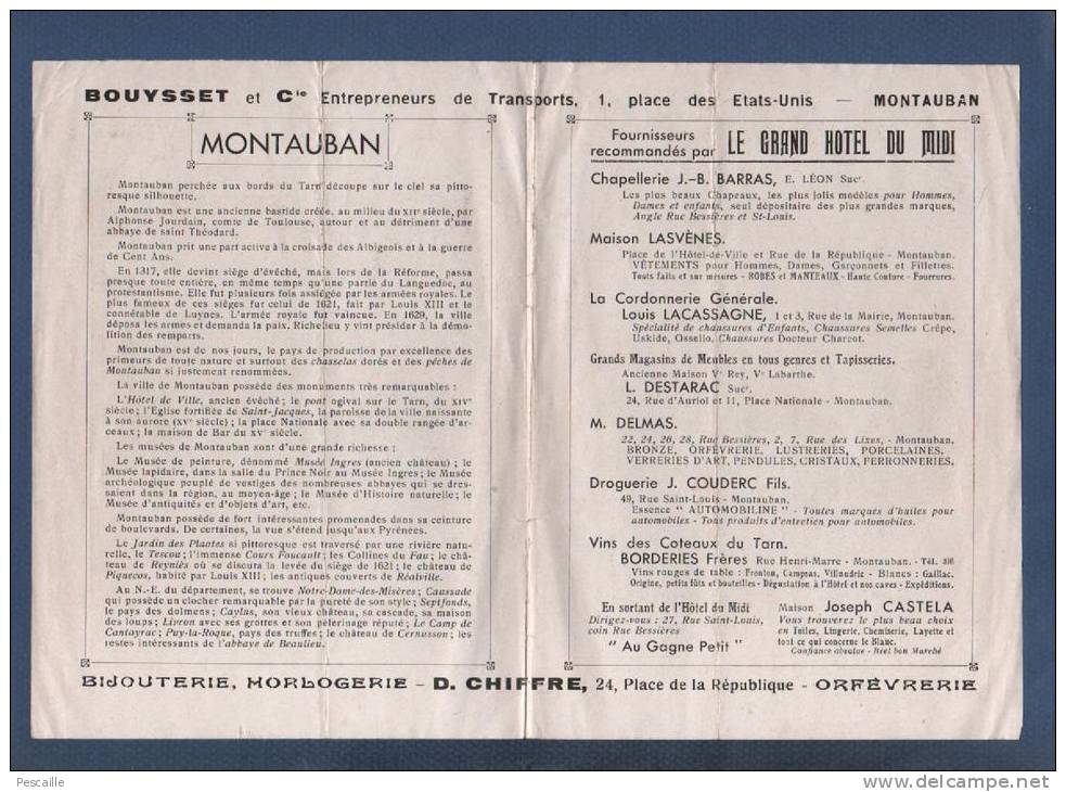 82 TARN ET GARONNE - PUBLICITE MONTAUBAN - GRAND HOTEL DU MIDI - LISTE DE MAGASINS - Advertising