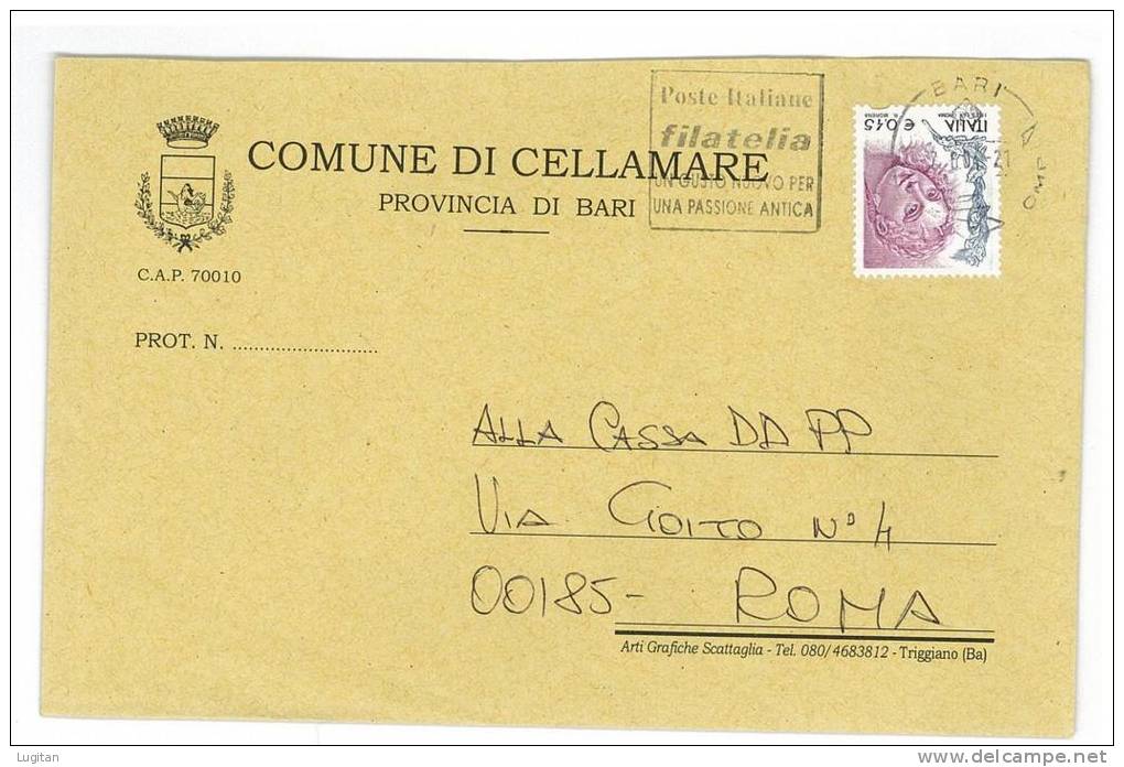 CELLAMARE CAP 70010 - ANNO 2004 - LS  - BARI - PUGLIA  -TEMATICA COMUNI D'ITALIA - STORIA POSTALE - Macchine Per Obliterare (EMA)