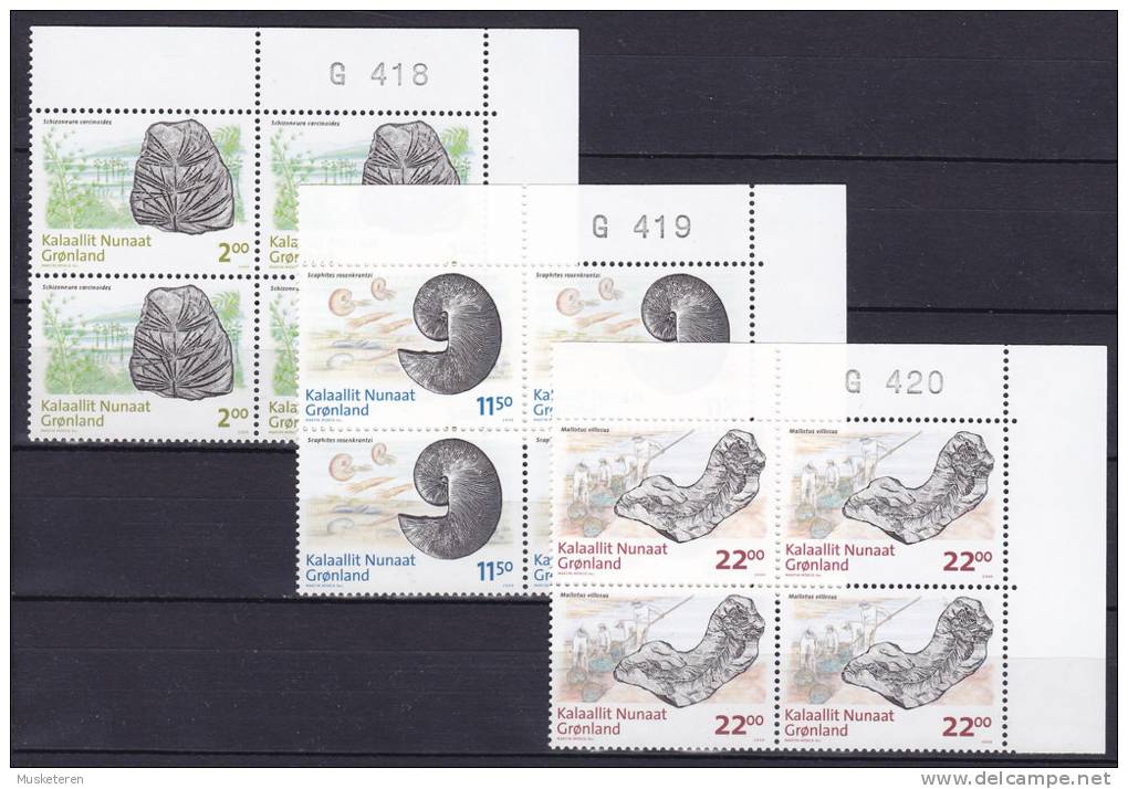 Greenland 2009 Mi. 529-31 Grönländische Fossilienfunde Complete Set Marginal 4-Block G 418-20 MNH** - Blocks & Kleinbögen