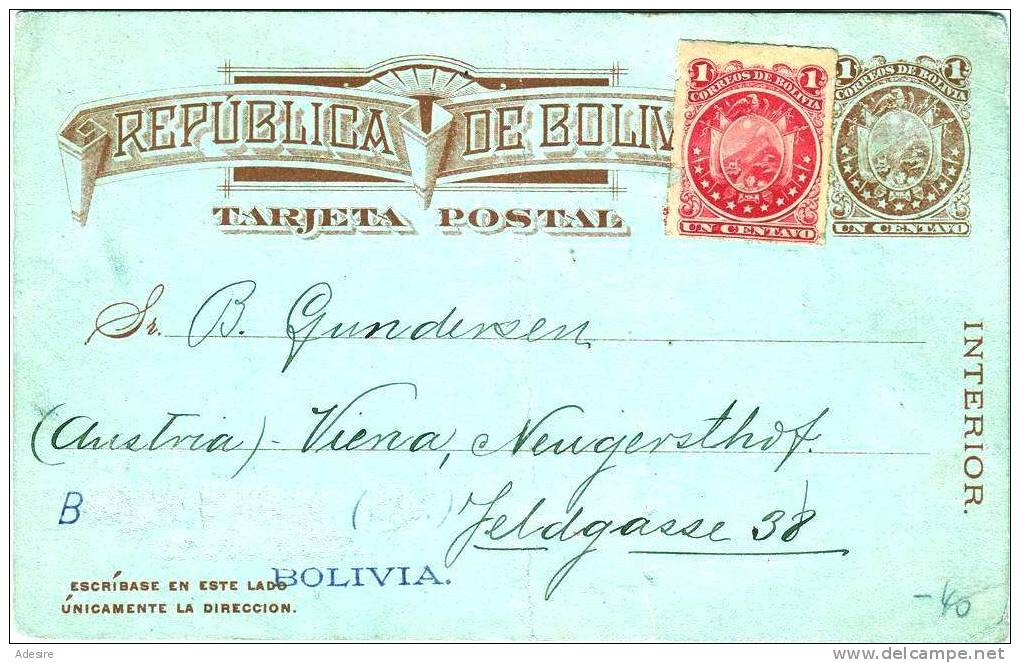 Bolivien 1889, Ganzsache Mit Zusatzfrankierung Auf Postkarte - Bolivien