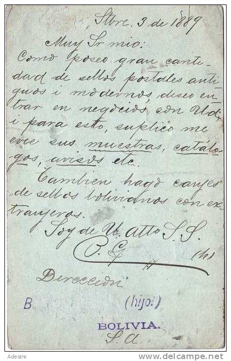 Bolivien 1889, Ganzsache Mit Zusatzfrankierung Auf Postkarte - Bolivia