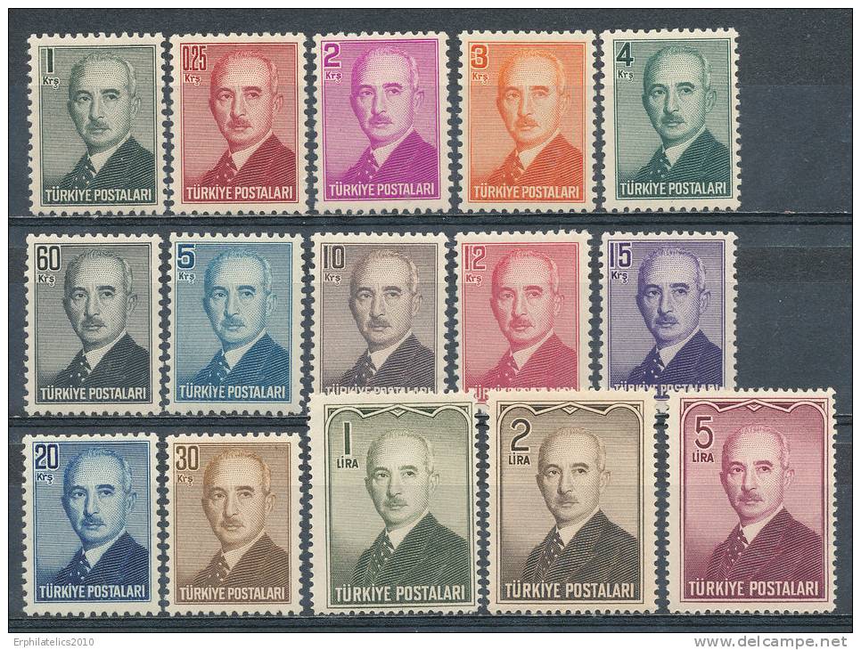 TURKEY 1948 PRESIDENT ISMET INONU SC# 963-977 FRESH OG M,NH - Unused Stamps