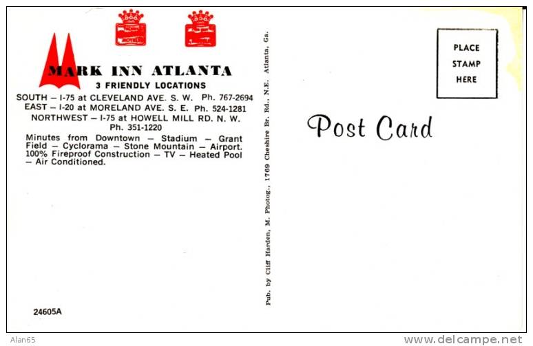Atlanta GA Georgia, Mark Inn Hotel Lodging Interior View, Decor, C1960s Vintage Postcard - Atlanta