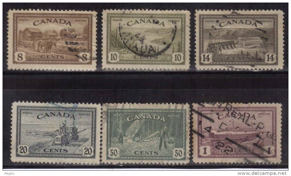 Canada Used 1946, 6v Peace Issue, Farm, Bear Lake, Power Station, Energy, Agriculture Tractor Train Ferry($1.00 Creased) - Used Stamps