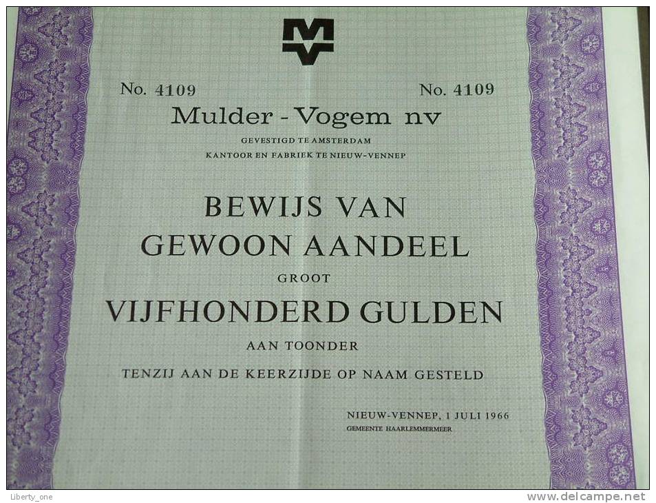 " MULDER - VOGEM Nv " Bewijs Van Gewoon Aandeel N° 4109 / 1966 ( Voir Photo Pour Detail )! - M - O