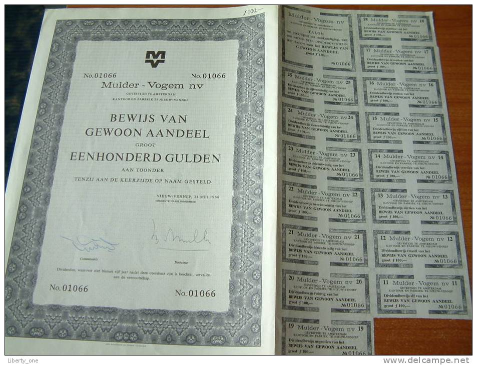 " MULDER - VOGEM Nv " Bewijs Van Gewoon Aandeel N° 01066 / 1966 ( Voir Photo Pour Detail )! - M - O