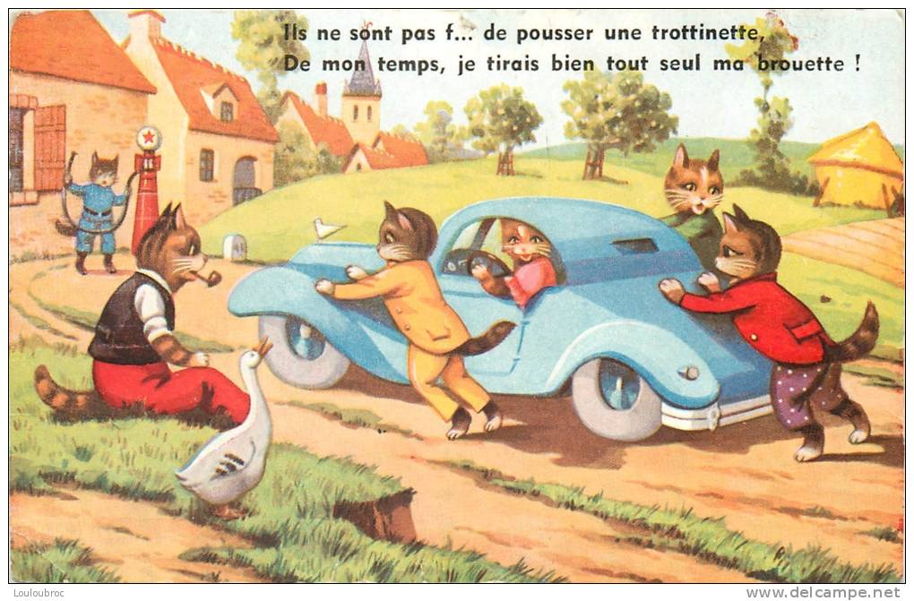 CHATS HUMANISES POUSSANT UNE VOITURE DEVANT LE GRAND PERE - Gatti