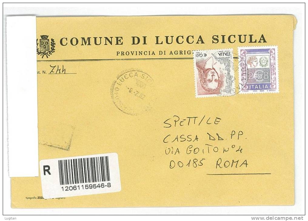 LUCCA SICULA  CAP 92010 - AGRIGENTO - ANNO 2002  - R  - SICILIA -TEMATICA COMUNI D'ITALIA - STORIA POSTALE - Macchine Per Obliterare (EMA)