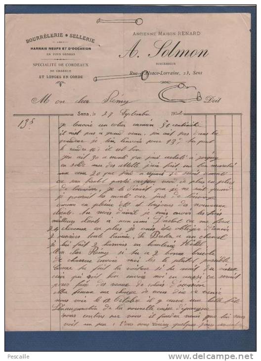 FACTURE A. SOLMON BOURRELERIE SELLERIE HARNAIS - SENS 1902 - SPECIALITE DE CORDEAUX DE CHARRUE ET LONGES EN CORDE - Drogerie & Parfümerie