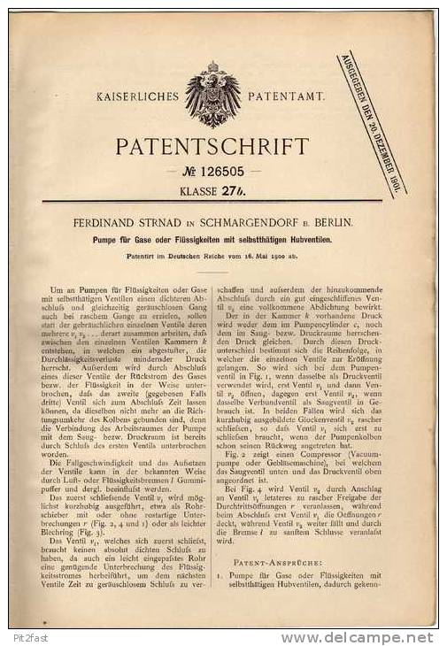 Original Patentschrift -  Ferdinand Strnad , Schmargendorf B. Berlin , Pumpe Für Gase / Flüssigkeiten  !!! - Máquinas