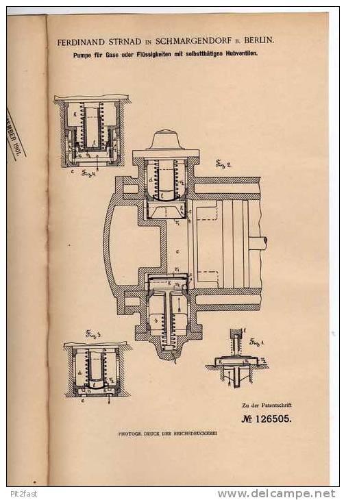 Original Patentschrift -  Ferdinand Strnad , Schmargendorf B. Berlin , Pumpe Für Gase / Flüssigkeiten  !!! - Macchine