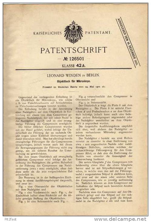 Original Patentschrift -  Leonard Winden In Berlin ,  Objekttisch Für Mikroskop , 1901 !!! - Tools