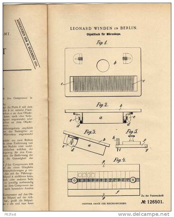 Original Patentschrift -  Leonard Winden In Berlin ,  Objekttisch Für Mikroskop , 1901 !!! - Macchine