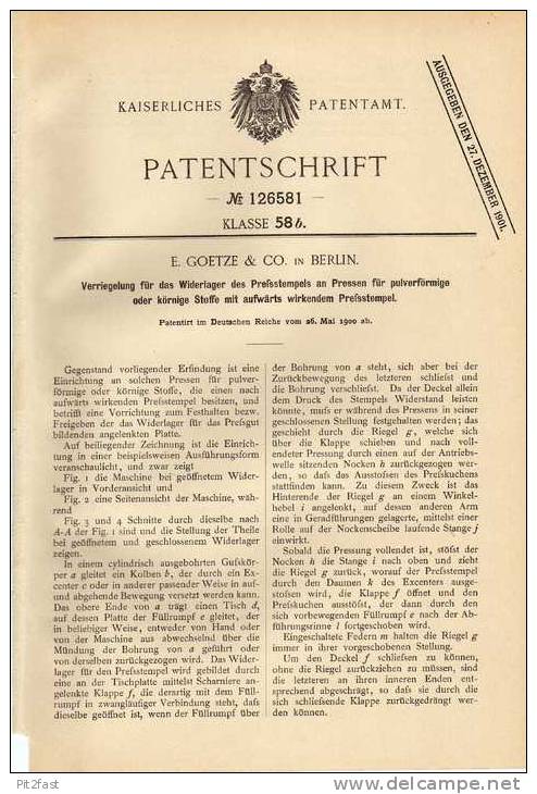 Original Patentschrift - E.Goetze & Co In Berlin , Presse , Presstempel , 1900  !!! - Machines