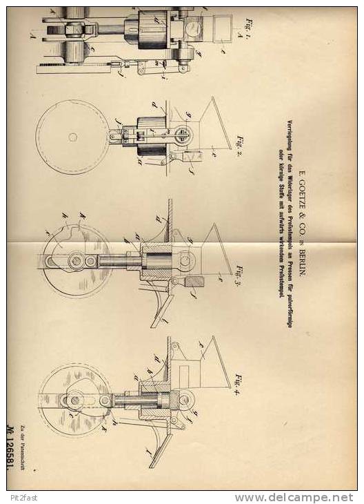 Original Patentschrift - E.Goetze & Co In Berlin , Presse , Presstempel , 1900  !!! - Tools