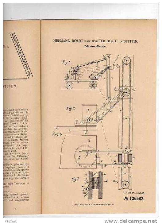 Original Patentschrift -  H. Und B. Boldt In Stettin , Elvator , Feuerlöscher , Kran Für Schiffe 1900 !!! - Máquinas