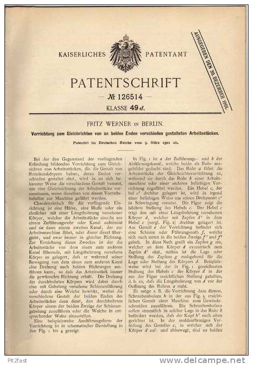 Original Patentschrift - F.Werner In Berlin , Gleichrichter Für Arbeitsstücke , 1901  !!! - Máquinas