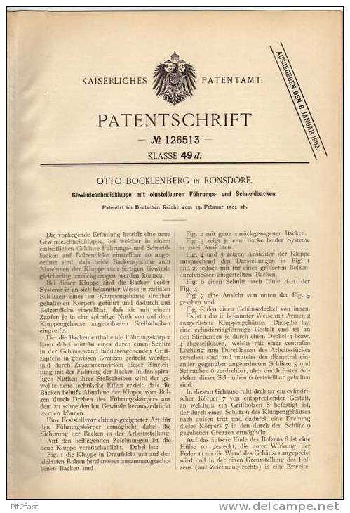 Original Patentschrift - O. Bocklenberg In Ronsdorf , Gewindeschneidkluppe 1901  !!! - Maschinen