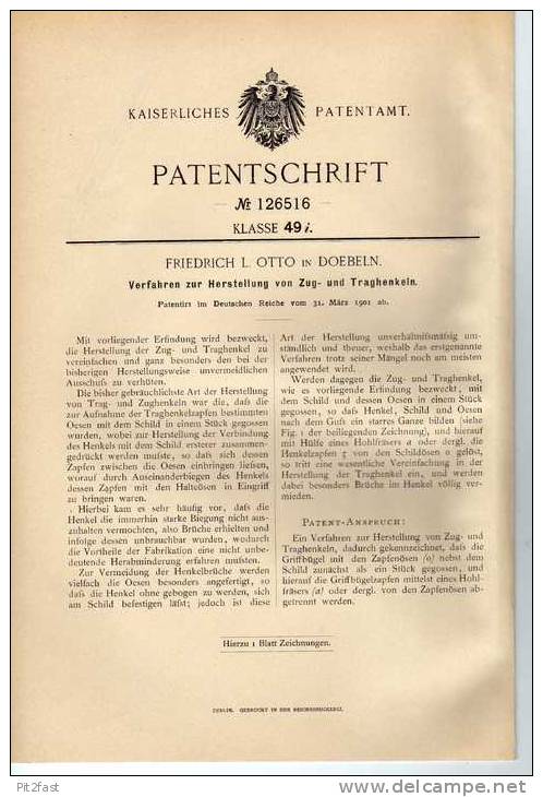 Original Patentschrift -  Friedrich Otto In Doebeln , Zug- Und Traghenkel 1901 !!! - Matériel Et Accessoires