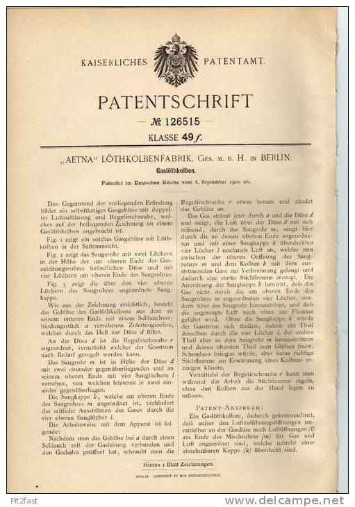 Original Patentschrift -  AETNA Löthkolbenfabrik GmbH In Berlin , Lötkolben , 1900 !!! - Tools