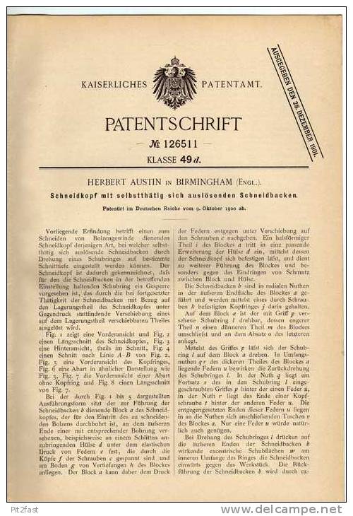 Original Patentschrift -  Herbert Austin In Birmingham - England , Gewindeschneider  !!! - Máquinas