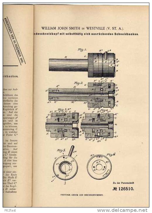 Original Patentschrift -  W.J. Smith In Westville , USA , Gewindeschneider , 1900 !!! - Tools