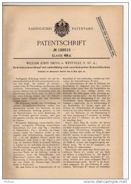 Original Patentschrift -  W.J. Smith In Westville , USA , Gewindeschneider , 1900 !!! - Maschinen