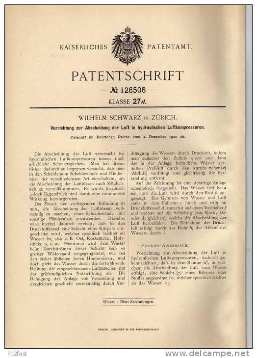 Original Patentschrift - W. Schwarz In Zürich , Kompressor , 1900  !!! - Maschinen