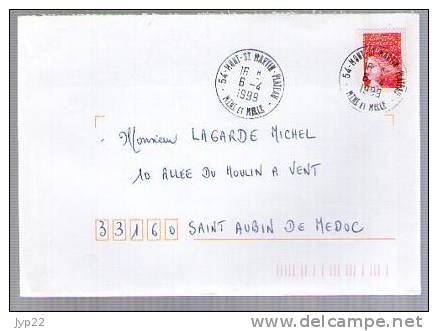 France - Lettre Obl Mont Saint Martin Plateau CAD 6-04-1999 / Tp  Marianne Du 14 Juillet 3418 Roulette - Roulettes