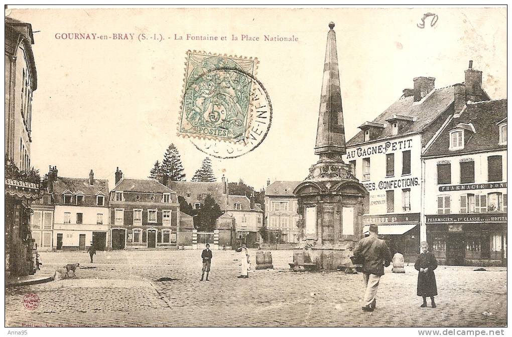 CPA GOURNAY EN BRAY La Fontaine Et La Place Nationale Animée Commerçants 1907 - Autres & Non Classés