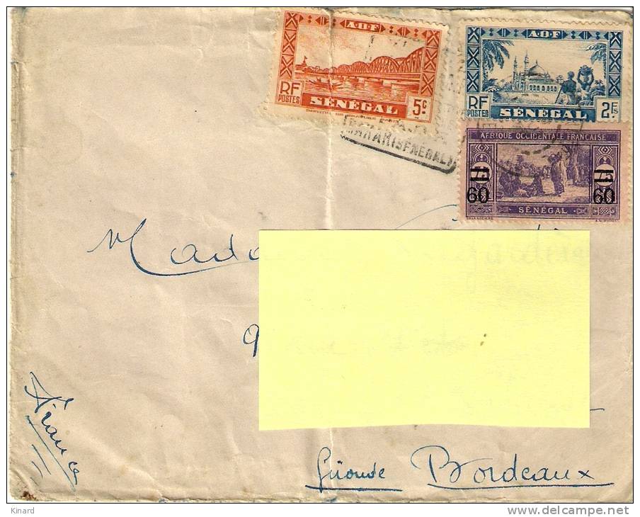 LETTRE DU SENEGAL .1937..daguin...pour Bordeaux..timbres N° 87 ,117 , 133..voir Scan... - Storia Postale