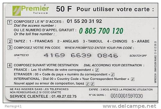 CARTE-PREPAYEE-PREMIER TELECOM-50F-SPECIAL-AFRIQ UE-RHINOCEROS TBE - Jungle