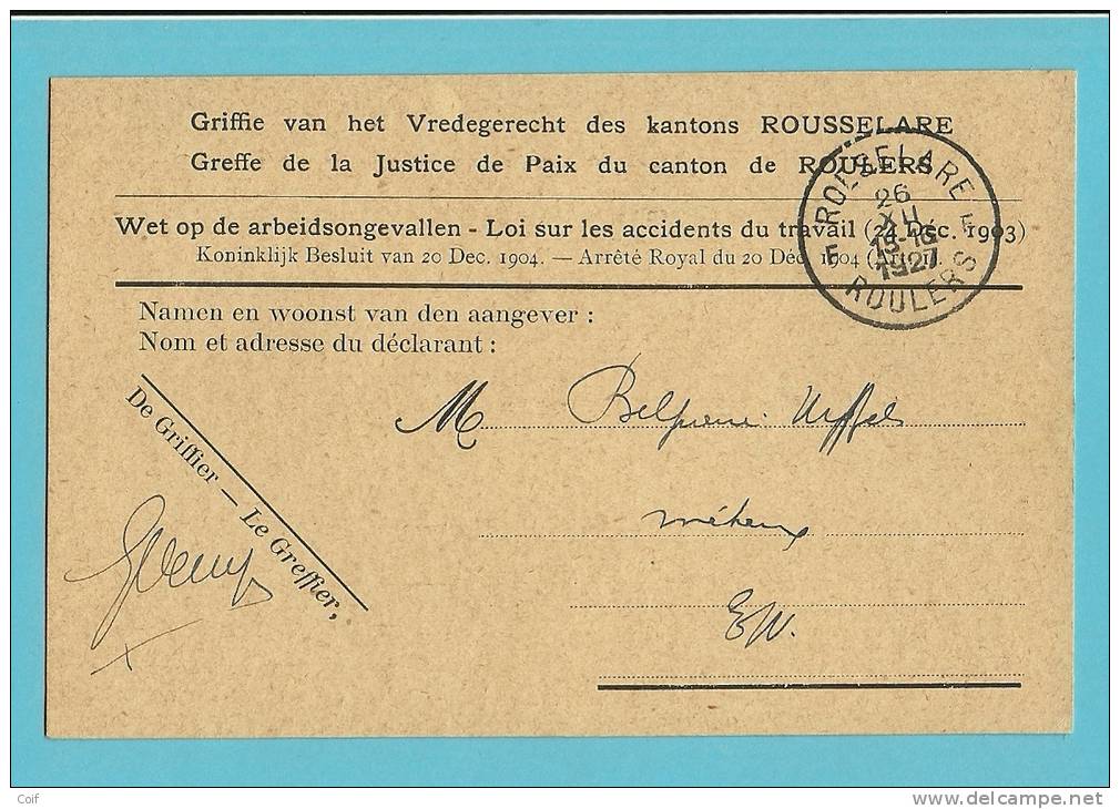 Portvrije Kaart Met Stempel ROESELARE / ROULERS Op 26/12/1926 - Portofreiheit