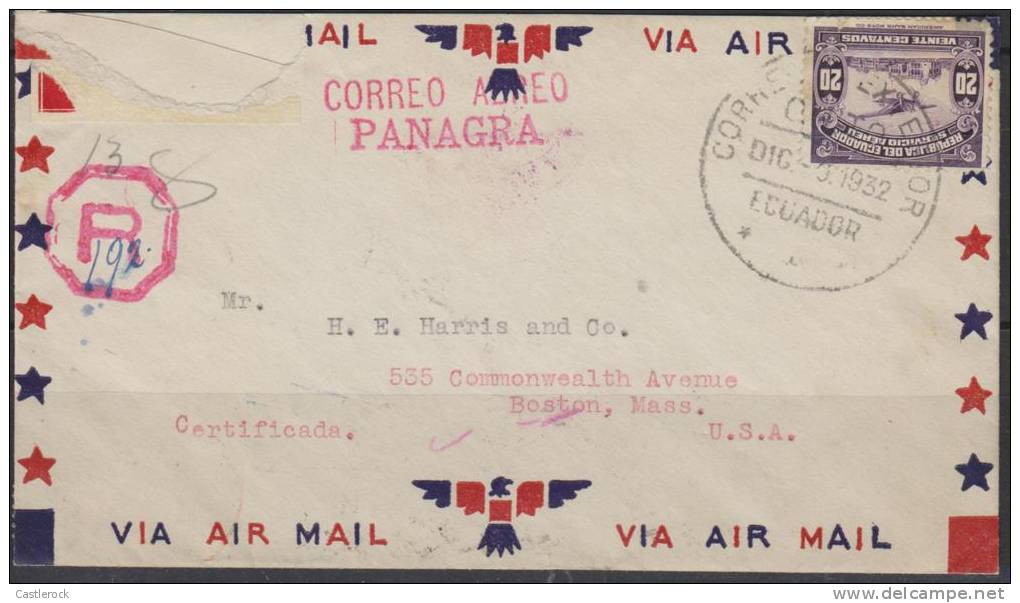 T)ECUADOR 1932, PANAGRA AIRMAIL, TO BOSTON MASSACHUSSETS, MULTIPLE COVER OUTSTANDING - Ecuador