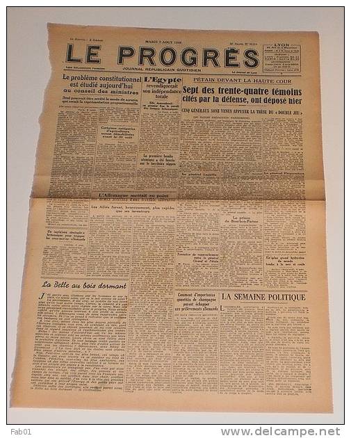 Le Progrès De Lyon Du 7 Aout 1945.(armes Secrètes De L'Allemagne-le Champagne). - Francese