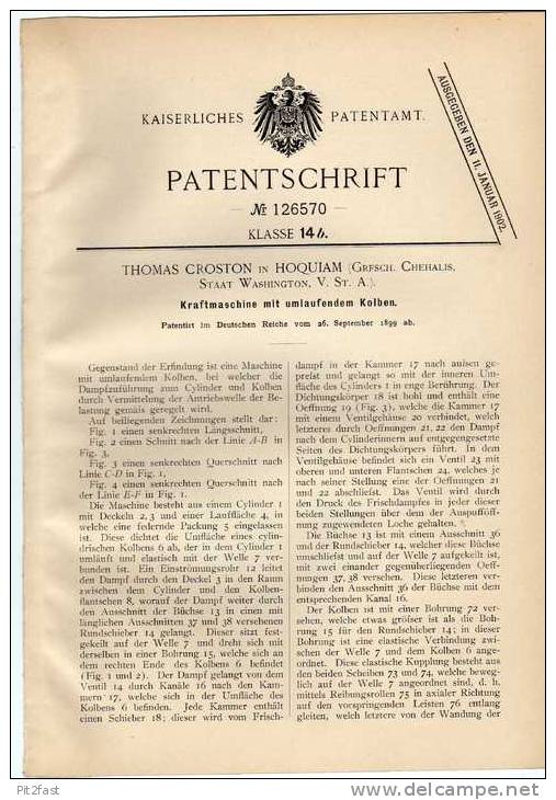 Original Patentschrift -  Th. Croston In Hoquiam , Washington , 1899 , Kraftmaschine , Motor !!! - Machines