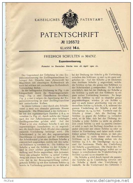 Original Patentschrift -  F. Schulten In Mainz , Expansionssteuerung , 1900 , Dampfmaschine , Motor !!! - Máquinas